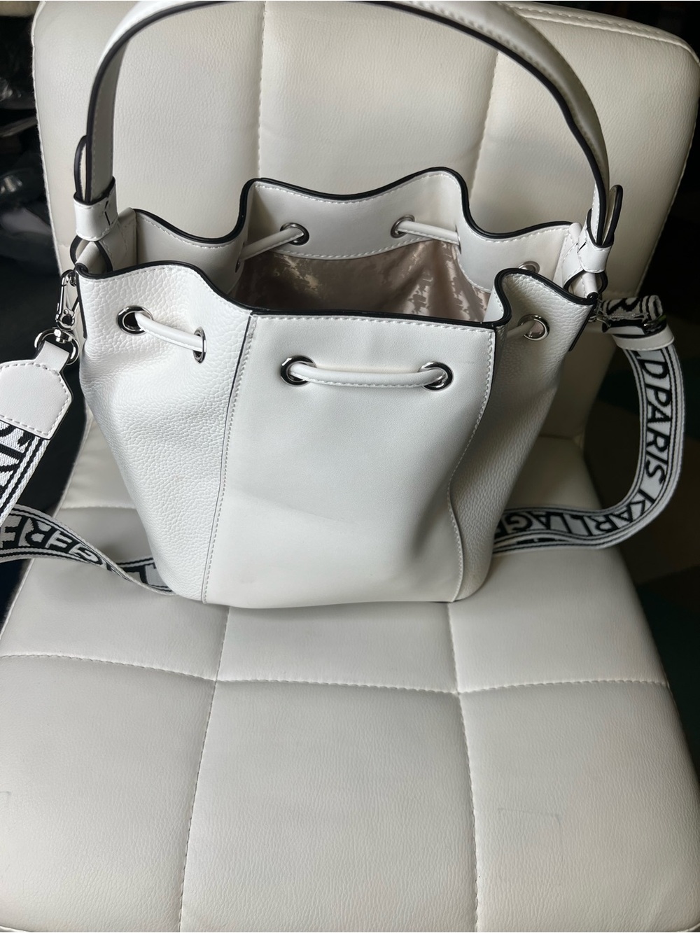 Karl Lagerfeld White Leather Drawstring Bucket Bag with Logo Strap - Picture 3 of 5